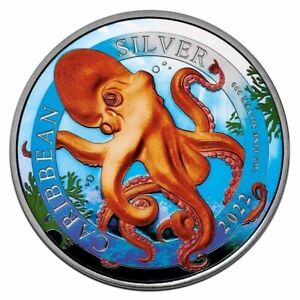 2022 Barbados Caribbean Octopus Colorized 1 oz Silver Coin - 100 Mintage