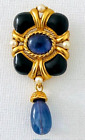 Vintage MONET Gold tone Black Enamel Blue Glass & Faux Pearl Pendant Brooch