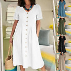Womens Midi Dress Cotton Linen Ladies V Neck Summer Beach Sundress Plus Size