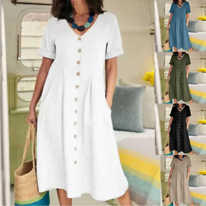 Womens Midi Dress Cotton Linen Ladies V Neck Summer Beach Sundress Plus Size
