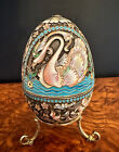New ListingIMPERIAL RUSSIAN SILVER Inlaid Enamel Easter Egg OVCHINNIKOV SWANS-Silver Stand