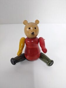 Vintage Wooden Colorful Teddy Bear Jointed Moveable Arms Legs Red blue Yellow