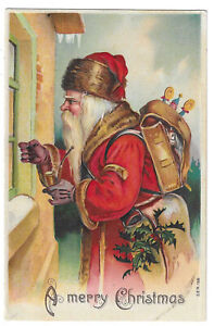 Postcard Christmas Santa Claus Knocking on Window Smoking Pipe