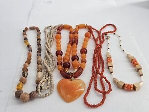 Vintage Estate Lot Of Five Necklaces Stone Wood Lucite Orange And Brown