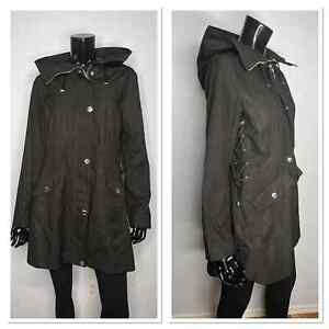 Guess Side Lace-up Tie Black Hooded Rain Jacket Trench Coat Sz L