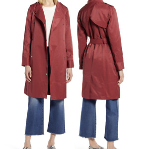 Halogen Womens Patch Pocket Trench Coat Belted Long Sleeve Red L Large
