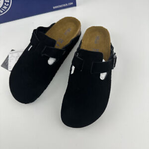 New w/Box Birkenstock Boston Black Soft Footbed Suede Leather Classic Clog Shoes