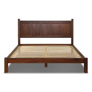 Modern Farmhouse Platform Bed Frame King Size Headboard Solid Wood Cherry Brown