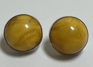 Egg Yolk Butterscotch Amber Sterling Button Earrings. 20MM. Signed PG 9.11 Grams