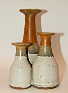 Vintage Studio Art Pottery Triple Weed Pot Vase Orange Gray Glaze Signed