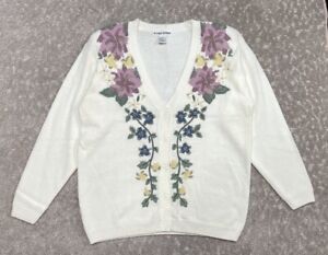 Alfred Dunner Vintage Cardigan Sweater Womens SIZE XL Ivory Floral Button Up