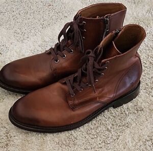 Frye Men's Bowery Leather Lace Up Boots Side Zippered Cognac Brown Size US 12
