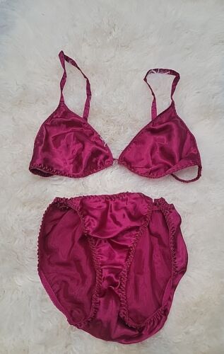 Vintage Victoria's Secret Satin Burgundy Bra Panties Set Size Large