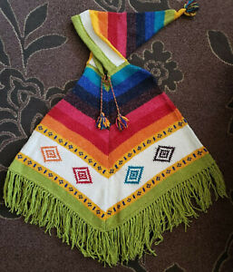 Women's Handmade Multi-Colored Pancho with Hood & Fringe from Mexico SZ S/M