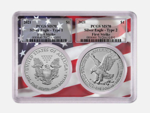 2021 $1 Type 1 and Type 2 Silver Eagle Set PCGS MS70 FS Flag Frame