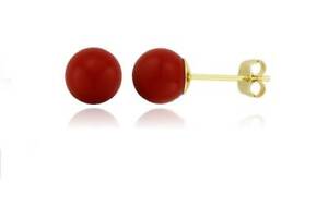 14K Solid Gold Red Coral Ball Push Back Stud Earrings