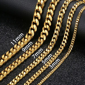 14K Gold Plated Stainless Steel Cuban Curb Chain Necklace Bracelet 3/5/7/9/11mm