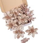 24Pcs Rose Gold Glitter Poinsettia Christmas Tree Ornaments and Glitter Berri...