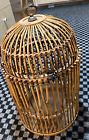 LARGE Vintage Birdcage Round Bamboo Wooden Bird Cage Metal Hinge Open Decorative