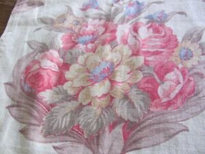 Vintage floral heavy cotton drapery panel soft pinks blues greens 31 x 78 inches