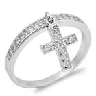 Sterling Silver Woman's Clear CZ Dangle Cross Ring Cute Band 12mm Sizes 4-10