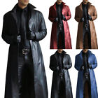 Men Leather Trench PU Long Coat Single Breasted Lapel Slim Windbreaker Jacket