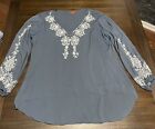 SCULLY Blue/White Embroidered Balloon Sleeve Women’s Blouse Top Size XL