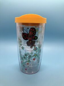 Tervis Tumbler With Butterflies Teal Flowers Yellow Lid 16 Ounces Insulated