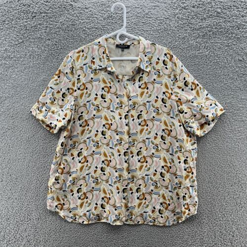Lafayette 148 Blouse Womens 2XL Cream Geo Print Silk Satin Button Up Art Shirt