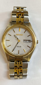Seiko Solar Mens Watch Two Tone Day Date White Face 6D3250