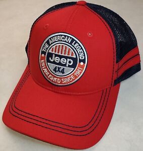 JEEP 4X4 Patch on Sportsman 2-Stripe Trucker Hat Snapback Red/Navy