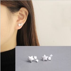 Women 925 Sterling Silver 3 Stars Star Ear Stud Climber Stud Earrings Gift Box