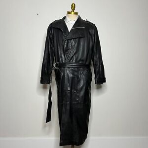 Vtg Leather Double Breast Trench Coat Overcoat Small