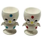 Anthropomorphic Chick Bird Egg Cup Lot 2 Polka Dot White Blue Red Vintage