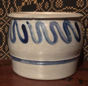 Antique Primitive Westerwald Salt Glaze Gray & Blue Pottery Crock Planter AAFA