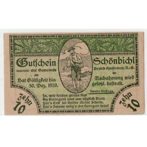 1920 Austria Notgeld Schonbichl 10 Heller Note (M144)