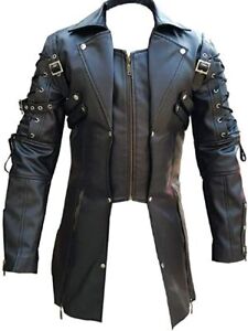 Mens Steampunk Style Coat Faux Leather Goth Gothic Trench Black Coat Van Helsing