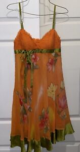Vintage Sue Wong Orange Green Floral Silk Dress Size 6 90s Y2K