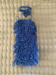 Vtg Handmade Barbie Size  Blue Crochet Loop Style Dress With Crocheted Headband