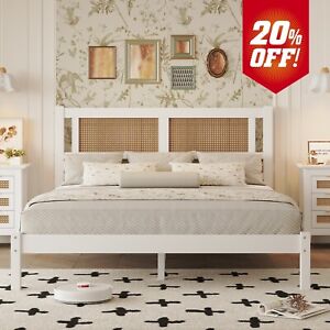 Full Size Wooden Platform Bed with Natural Rattan Headboard, Exquisite Elegance