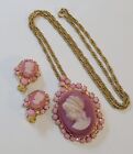 Vintage Juliana D&E Rose Pink Cameo Necklace And Clip On Earrings DAMAGED AS IS