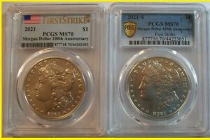 2021 Morgan P  S Silver Dollar 2 COINS SET PCGS MS 70 FIRST STRIKE AND SHIELD