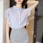 Korean Fashion Women Striped Ruffle Chiffon Summer Casual Work Tops Blouse Shirt