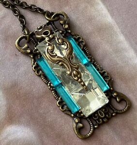 Vintage Necklace Art Nouveau Aqua Rhinestone Filigree Pendant Czech Glass