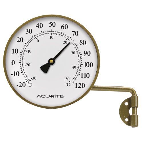 Indoor Outdoor Thermometer Brass Swing Arm Metal Mounting Vintage Brown 3.5 Inch