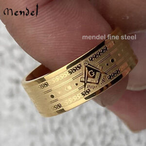 MENDEL Mens 10k Gold Plated Freemason Masonic Band Ring Stainless Steel Siz 7-15
