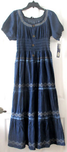 NWT Indigo & Lace Blue Jean Denim Embroidered Tiered Peasant Maxi Dress sz L,XL