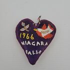 Vintage Folk Art Seed Bead Heart Sewing Pin Cushion Niagara Falls 1966 Hanging