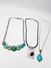 925 Sterling Silver Turquoise Beaded Chain & Onyx Cord Pendant Necklaces Lot