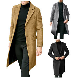 Men's British Style Solid Color Long Coat Fashionable Warm Woolen Overcoat